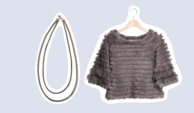 <strong>ESTNATION｜エストネーション</strong>　左／揺れるたびまばゆい光を反射する存在感あるロングネックレスでコーディネイトをパーティ仕様にチェンジ！　ロングネックレス 3万9900円（ミクロ）、右／ショート丈のファートップスはこれ一枚でコーディネイトが華やかにもモードにもきまる優れもの。ファートップス 2万6250円（エストネーション ビス）（ともにエストネーション）