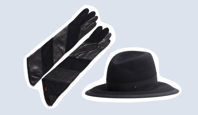 <strong>ESTNATION｜エストネーション</strong>　左／素肌を隠した手もとにエレガンスが宿る。ロンググローブ 2万1000円（アニュエル）、右／広いつばがなんともレディライクなハットでミステリアスな空気をまとって。帽子 4万2000円（メゾン ミッシェル）（ともにエストネーション）