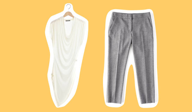 <strong>INTERNATIONAL GALLERY BEAMS｜インターナショナルギャラリー ビームス</strong>　左／ユニークなシルエットのトップスは着ると身体のラインをなぞるように美しいドレープを描き、女性特有の柔らかなイメージを象徴する。ドレープジャージトップス 3万5700円、右／ロングジャケットとのバランスを考え、パンツはクロップト丈を選びたい。裾からのぞく華奢な足首がポイント！　パンツ 7万6650円（ともにアレキサンダー マックイーン／インターナショナルギャラリー ビームス）