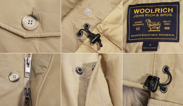<strong>Woolrich｜ウールリッチ</strong>　右上から時計回りにブランドタグ、フードのドローコード、スナップボタン、ダブルジップ、フラップポケット＆ボタン。ウエストドローコード。