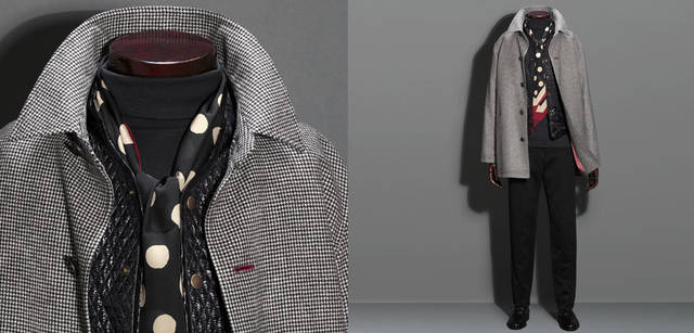 <strong>Paul Smith｜ポール・スミス コレクション</strong>　コート15万7500円（individual order / ポール・スミス コレクション）ベスト3万1500円、カットソー1万6800円、スカーフ1万3650円、スラックス2万5200円（すべてポール・スミス コレクション）<br>インディヴィジュアルオーダーコートは「ポール・スミスコレクション青山店」と「ポール・スミス コレクション丸の内店」のみでの展開