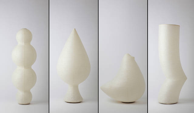 ART｜ミック・イタヤ SUZUMO提灯展＠マイスター 開催　左から「達磨雲」「木」「鳥」「夜梅-梅」　©小木曽威夫