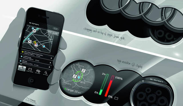 <strong>AUDI e TRON SPYDER｜アウディ e トロン スパイダー</strong>ディスプレイには、充電状況、その充電率で走行可能な航続距離を示してくれる。