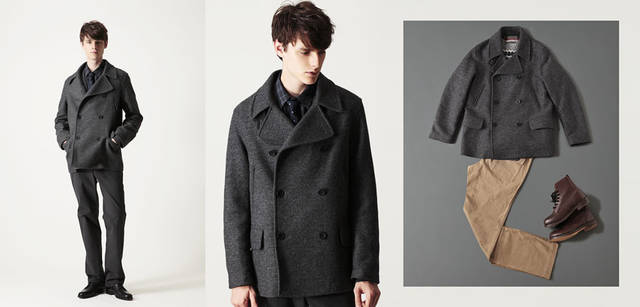 <strong> MARGARET HOWELL｜マーガレット・ハウエル</strong>　2010-11冬の最注目のアウターラインナップ<br>モデル／ピーコート 6万6150円（MHL.）　カーディガン 3万7800円、チェックシャツ 2万8350円、ネクタイ 1万3650円、トラウザーズ 3万450円、靴 8万2950円（すべてマーガレット・ハウエル）<br>コーディネイト／ピーコート 6万6150円、トラウザーズ 2万4150円、ブーツ 4万9350円（すべてMHL.）　フェアアイルニット 3万4650円（マーガレット・ハウエル）