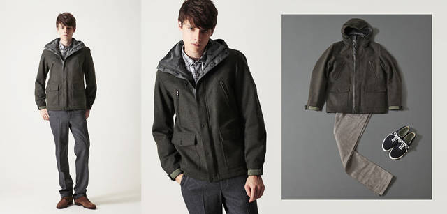 <strong> MARGARET HOWELL｜マーガレット・ハウエル</strong>　2010-11冬の最注目のアウターラインナップ<br>モデル／ツイードブルゾン 6万1950円、シャツ 3万4650円、トラウザーズ 4万950円、靴 8万2950円（すべてマーガレット・ハウエル）<br>コーディネイト／ツイードブルゾン 6万1950円、ジーンズ（EDWIN） 2万4150円（ともにマーガレット・ハウエル）　スニーカー 1万7850円（MHL.）