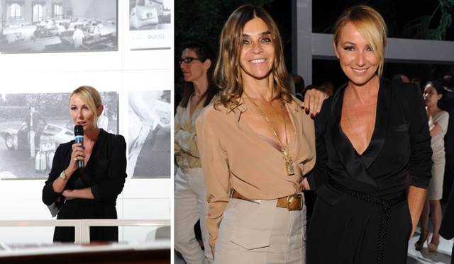 <strong>GUCCI｜グッチ</strong>　左／記者発表でスピーチする、グッチのクリエイティブ・ディレクター、フリーダ・ジャンニーニ。右／パリ『VOGUE』誌編集長カリーヌ・ロワトフェルドと、フリーダ・ジャンニーニ。