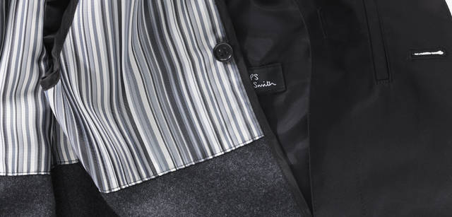 <strong>Paul Smith｜ポール・スミス</strong> ライニングはボタンで着脱可能なデタッチャブル仕様。化繊とウール×カシミア混素材。