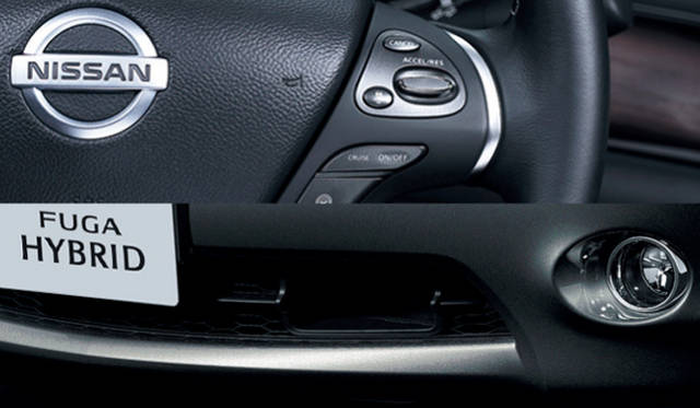 <strong>日産 フーガ ハイブリッド｜NISSAN FUGA HYBRID</strong><br>ステアリングに備えられているインテリジェントペダルスイッチ（写真上）を押すことによって、レーダーセンサー（写真下）が作動。相手車両との距離、相対速度を計測し、ブレーキの制御、アクセルの押し戻しをアシストしてくれる。