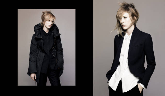 <strong>UNIQLO +J｜ユニクロ プラスジェイ</strong>　左／プレミアムダウンボリュームコート　右／ジャケット 1万4900円、白シャツ 4990円（すべて+J／ユニクロ）