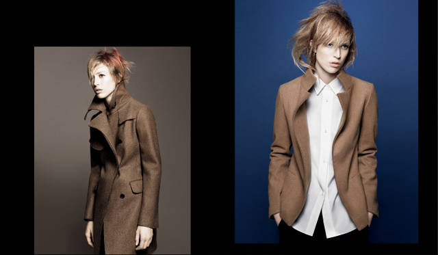 <strong>UNIQLO +J｜ユニクロ プラスジェイ</strong>　左／ミリタリーコート 1万9900円　　右／ジャケット 1万4900円、白シャツ 4990円（すべて+J／ユニクロ）