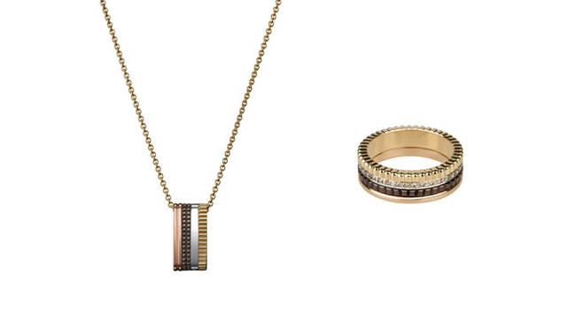 <strong>BOUCHERON｜ブシュロン</strong> 左／「キャトル」ペンダント [ YG×WG×PG×チョコレートゴールド] （チェーン長さ50cm/42cm/38cm） 29万8200円、右／「キャトル」リング [ YG×WG×PG×チョコレートゴールド×ブラウンダイヤモンド] 54万6000円