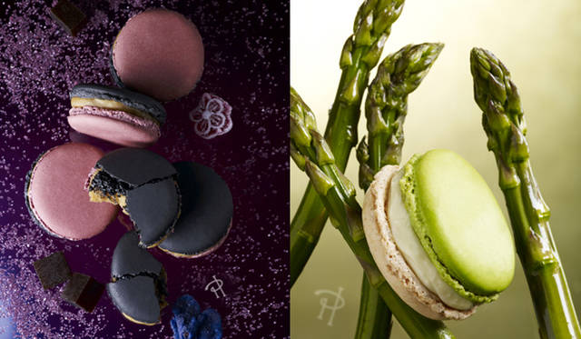 <strong>PIERRE HERMÉ PARIS｜ピエール・エルメ・パリ</strong>　左から、11月1日～30日までの期間限定展開「マカロン レグリス ヴァイオレット」 252円、フランス・メジェーヴにあるレストラン『フロコン・ド・セル』で食べたエマニュエル・ルノー氏のレシピにインスパイアされたマカロン 「アスペルジュ　エ　ユイル　ド　ノワゼット」 294円