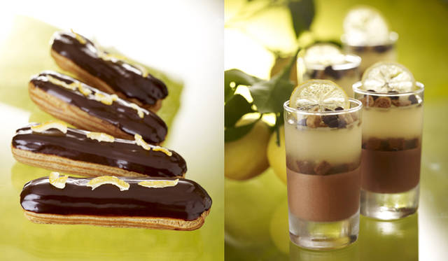 <strong>PIERRE HERMÉ PARIS｜ピエール・エルメ・パリ</strong>　爽やかな柚子の風味と酸味のあるビターチョコレートのマッチングは大人にこそ愉しんでもらいたい上品な味わい。　左から「エクレール アズュール」 525円、「エモーション アズュール」 630円