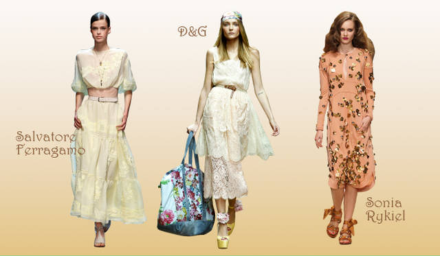 <strong>Keyword 02 “Romantic Bohemian”</strong>　Salvatore Ferragamo｜サルヴァトーレ フェラガモ、D&G｜ディー＆ジー、Sonia Rykiel｜ソニア リキエル
