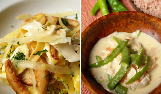 <strong>Uma Paro｜ウマ・パロ</strong> 左／秋の季節にはブータン産マツタケのメニューも。　.右／生のトウガラシを入れたエマダツェはブータンでもっともポピュラーな料理。