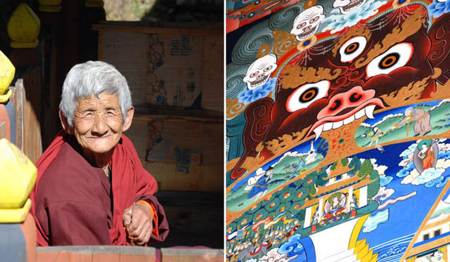 <strong>Uma Paro｜ウマ・パロ</strong> 左／尼僧院キラ・ゴンバには80歳代の尼僧も暮らす。　右／ゾンに飾られた曼荼羅絵。