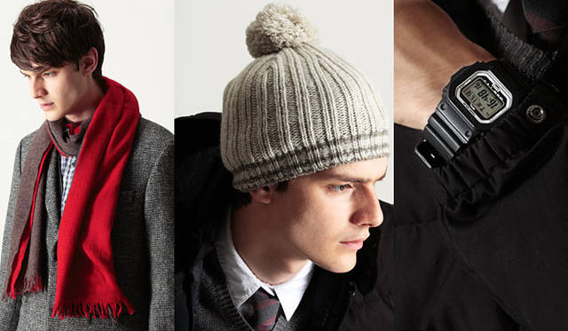 <strong> MARGARET HOWELL｜マーガレット・ハウエル</strong>　左から、マフラー1万9950円（マーガレット・ハウエル）、ニットキャップ1万500円（MHL.）、G-SHOCK（数量限定発売）1万9950円（MHL.）