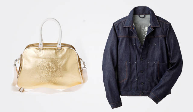 <strong>DIESEL SHIBUYA｜ディーゼル シブヤ</strong>　限定アイテム　左／ゴールドスポーツバッグ [Men’s] 2万790円　右／Gジャン [Men’s] 2万6250円　 Photo by Yutaka Tada　（REV INC.）