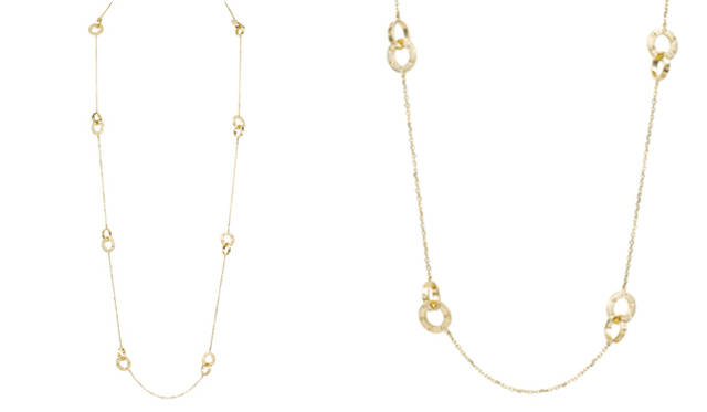 <strong>Cartier｜カルティエ</strong>　細いチェーンに、ビスモチーフ入りのサークル型パーツが、遊び心を感じさせる。イエローゴールドの輝きでモダンに。 “LOVE”コレクション ロング ネックレス [18KYG] 81万9000円 （カルティエ）　Photo: ©Cartier