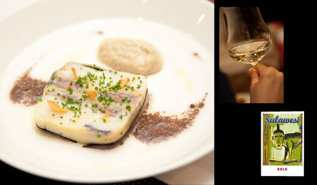 <strong>STARBUCKS｜スターバックス　コーヒーペアリングディナー</strong>　「秋の味覚　秋刀魚とポテトのテリーヌ　秋茄子のフォンダンと肝のソース」とワインは「マコン・ヴェルゼ 2008 （ドメーヌ ルフレーブ）」、そしてコーヒーは「スラウェシ」。