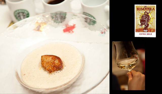 <strong>STARBUCKS｜スターバックス　コーヒーペアリングディナー</strong>　「森とキノコのスープに浮かべたフォアグラのプリン　やさしくコーヒーの香るカプチーノ仕立て」に合わせたのは、ワイン「マコン・ヴェルゼ 2008 （ドメーヌ ルフレーブ）」と「スマトラ」。