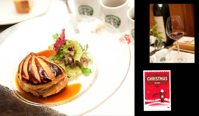 <strong>STARBUCKS｜スターバックス　コーヒーペアリングディナー</strong>　「スパイスの香りをとじ込めたエゾ鹿の熱々パイ包み焼き　コーヒーマデラソース」と「シャトー メイネイ 1998（マグナムボトル サンジュリアン ボルドー）」、そして「スターバックス ヴィア® コーヒーエッセンス クリスマス ブレンド」の組み合わせ。