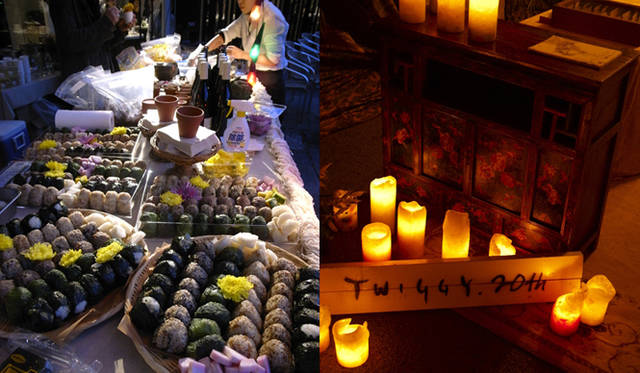 <strong>Twiggy 20th anniversary</strong>　左／松浦さんの田んぼから採れた新米を使ったおにぎりが並ぶ。右／洗練の中にもどこか素朴さを感じさせる“ツイギーテイスト”のディスプレイが、会場の随所にほどこされていた。