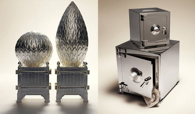 <strong>Asprey｜アスプレイ</strong>　左／シルバーでつくられた、ソルトアンドペッパー シェイカーズ。右／金庫もスタイリッシュ。