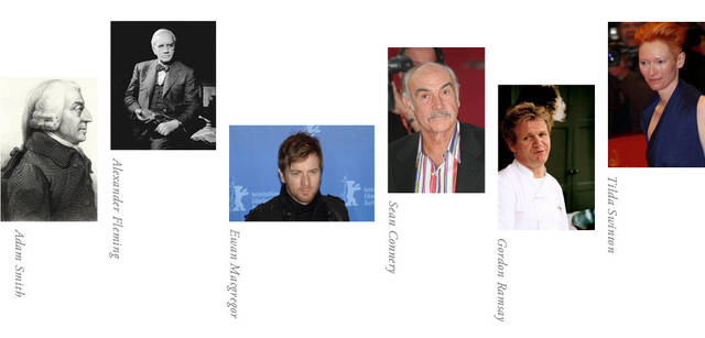 <strong>Scotland General Information｜</strong>　スコットランドの著名人。左からアダム・スミス、アレキサンダー・フレミング、ユアン・マクレガー、ショーン・コネリー、ゴードン・ラムゼイ、ティルダ・スウィントン。