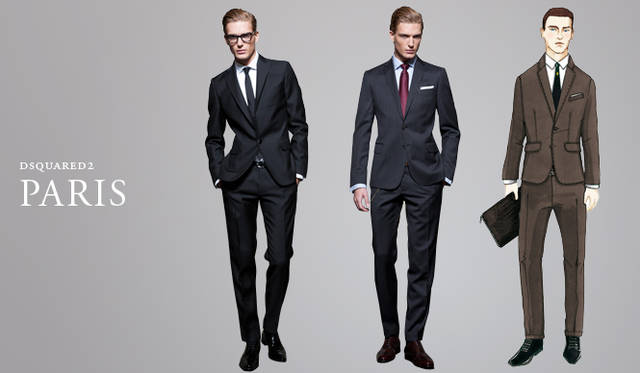 <strong>DSQUARED2│ディースクエアード</strong>　「パリ」をイメージして仕立てられたテーラリングスーツ。細身かつエレガントだ。いちばん右はディーン＆ダンによるイラスト。