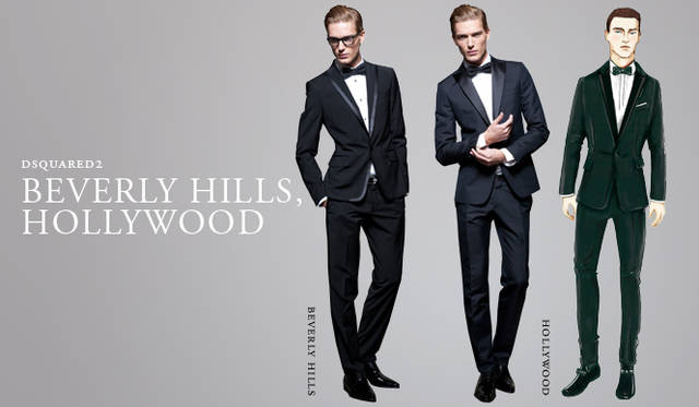 <strong>DSQUARED2│ディースクエアード</strong>　「ハリウッド」や「ビバリーヒルズ」と命名されたイブニングスーツやタキシードは、ウール・シルク、コットン・シルクといった軽い素材がつかわれている。