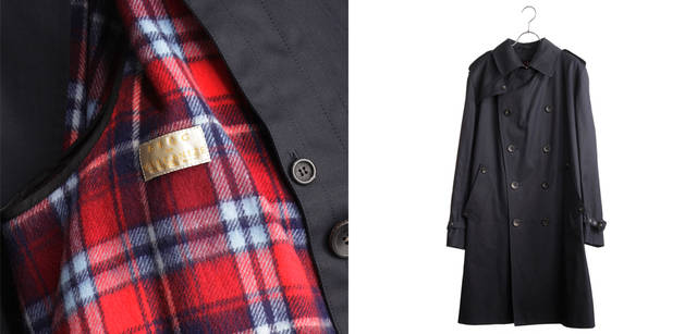 <strong>Scottish mode for men｜</strong>  インナーに使われているのは目を見張るほど鮮やかなベグ・スコットランドのレッドチェック。トレンチコート 12万6000円（グレンフェル／ヴァルカナイズ・ロンドン）