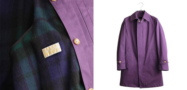 <strong>Scottish mode for men｜</strong> パープルとのコントラストが美しいブラックウォッチのインナーは、脱いだ時にも存在感をアピールできる。ステンカラーコート 12万6000円（グレンフェル／ヴァルカナイズ・ロンドン）
