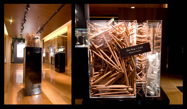 <strong>BVLGARI｜ブルガリ　Save The Children Event 2010</strong>　リングをひとつ買うことによって、寄付される金額は8400円。それでこれだけの鉛筆や消しゴムを子どもたちに渡すことができる。