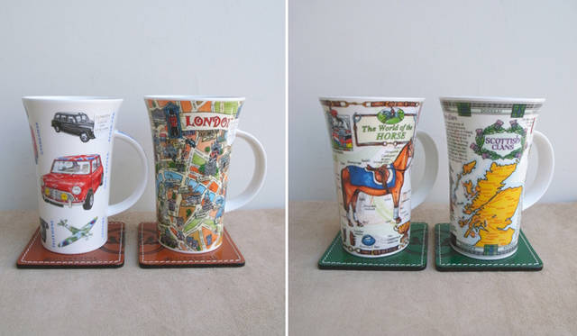 <strong>GLENROYAL＋DUNOON｜グレンロイヤル＋ダヌーン </strong>　イギリスにゆかりのある絵柄がカップ全体に描かれているのが特徴だ。