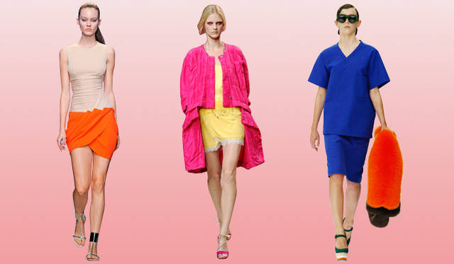 <strong>萩原輝美×島津由行　トレンド対談</strong>　「もし1980年代に“カラーエナジー”なんてトレンドキーワードが出てきたら、みんなでそこに飛び込んで、いかに自分らしく着こなすか、きっと試行錯誤すると思う」（島津さん）。左から、GIAMBATTISTA VALLI｜ジャンバティスタ ヴァリ、NINA RICCI｜ニナ リッチ、PRADA｜プラダ　すべて2011年春夏コレクションより。