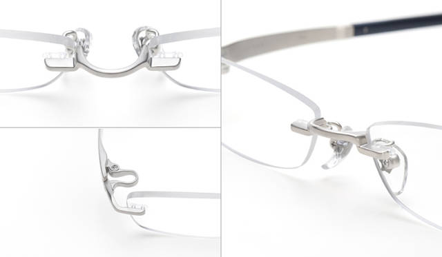 <strong>999.9｜フォーナインズ</strong>　TW-40AT col.4。フロント構造：ブリッジと智（ち）の裏に2本のピンを立て、レンズにあけられた穴に差し、裏から樹脂で固定する構造。エッジを立てたピンにより、レンズの安定した固定を可能にしている。瞬間的に強い力がかかったときの対応力も高く、レンズに対する負担を軽減することができる。ネジを廃し、フロントを構成するパーツひとつひとつの質感を高めることにより、すっきりとしていながらも、趣を感じさせる表情をつくっている。