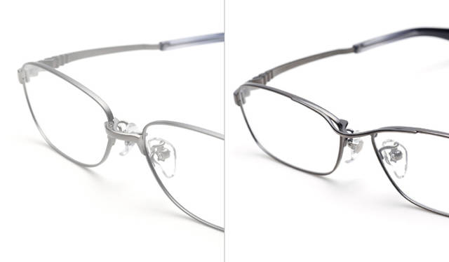 <strong>999.9｜フォーナインズ</strong>　左：S-83T col.4。右：S-84T col.12 ブリッジ：ブリッジは、前後2つのパーツを組み合わせた構造。S-83Tはアーチ型、S-84Tは逆アーチ型と、前ブリッジの形状を変え、異なるフロントの表情を演出。<br /><br />S-83Tは、前側のブリッジを一段落として、リムの表と側面にロー付け。後ろブリッジは、リムの裏と側面にロー付け。さらに2つのブリッジで上下に距離を取って、ブリッジ周辺の強度を高めている。<br />S-84Tは、平つぶしにした2本のブリッジを前は縦、後ろは横向きに配して固定。前側のブリッジは長さをとることで、フロントに適度な張りを持たせている。