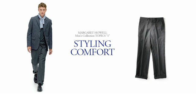 <strong>MARGARET HOWELL｜マーガレット・ハウエル</strong>　2011春夏メンズコレクション<br>MODEL／ジャケット8万4000円、カーディガン7万2450円（店舗限定）、トラウザーズ3万7800円、スカーフ1万5750円、靴9万4500円（すべてマーガレット・ハウエル）<br>ITEM／トラウザーズ3万7800円（マーガレット・ハウエル）