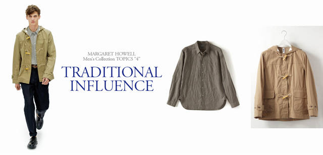 <strong>MARGARET HOWELL｜マーガレット・ハウエル</strong>　2011春夏メンズコレクション<br>MODEL／ダッフルコート5万5650円（MHL.）、シャツ2万7300円、トラウザーズ4万950円、ベルト2万4150円、靴9万4500円（すべてマーガレット・ハウエル）<br>ITEMS／シャツ2万7300円（マーガレット・ハウエル）、ダッフルコート5万5650円（MHL.）