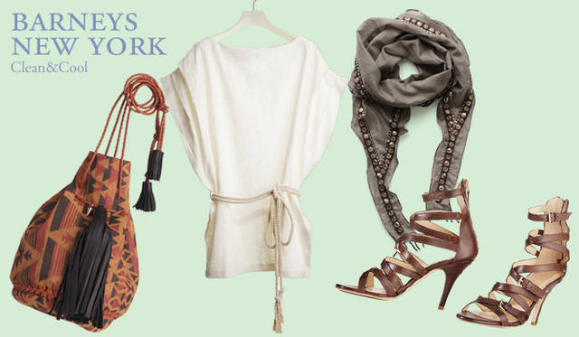 <strong>バーニーズ　ニューヨーク｜BARNEYS NEW YORK</strong>　ワンピース 1万6800円（6 ショア ローズ）、ストール 1万4700円（シトラス）、バッグ [W21×H27×D21cm] 7万7700円（ウェンディ ニコル）、サンダル [H10cm] 3万450円（バーニーズ　ニューヨーク）　すべてバーニーズ　ニューヨーク新宿店