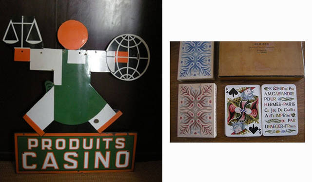 <strong>ART DECO collections ディレクター島田 明氏のコレクション</strong>　左／A.M.カッサンドルが1931年に制作したCASINO酒店の鉄製の看板、右／カッサンドルのデザインした「エルメス」のトランプ