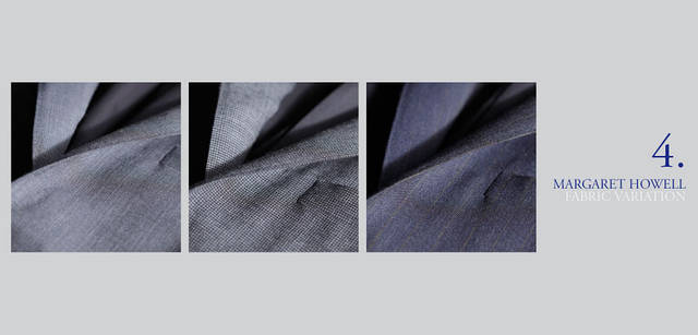 <strong>MARGARET HOWELL｜マーガレット・ハウエル</strong>　2011春夏メンズ セットアップコレクション<br>FABRICS／左：SUPER FINE END ON END、中：SUPER FINE MINI DOGTOOTH、右：SUPER FINE PIN STRIPE