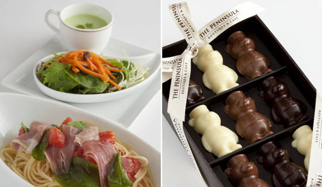 THE PENINSULA TOKYO｜ＭＩＮＩのコンシェルジュサービスを開始　　左｜ザ・ペニンシュラ ブティック＆カフェ　マイMINIペニンシュラチョコレート、右｜ザ・ペニンシュラ ブティック＆カフェ 平日限定マイMINIペニンシュラテイクアウトランチセット