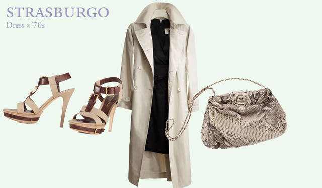 <strong>STRASBURGO｜ストラスブルゴ</strong>　トレンチコート 11万1300円（ストラスブルゴオリジナル）、ドレス 11万1300円（パスカルミレー）、パイソンチェーンポシェット [W37×H23×D9cm] 30万3450円（ザリアーニ）、サンダル 8万7150円（ジャンヴィト ロッシ）　すべてストラスブルゴ