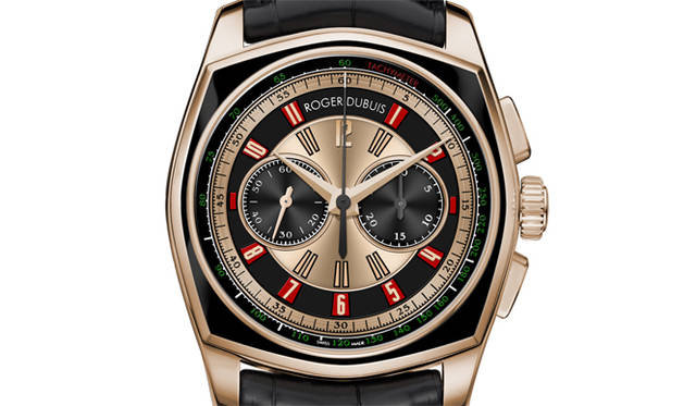 <strong>Roger Dubuis｜ロジェ・デュブイ</strong>  「シンパシー」コレクションのデザインを継承する、128本限定生産の自動巻きクロノグラフ。 「モネガスク ビッグナンバー クロノグラフ」359万1000円。今秋発売予定。