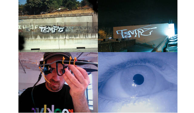アート部門　優秀賞｜「The EyeWriter」（インタラクティブ） Zach LIEBERMAN・Evan ROTH・James POWDERLY・Theo WATSON・Chris SURGUE・Tony TEMPT1<br />ALS（筋萎縮性側索硬化症）でからだが麻痺したグラフィティライター、TEMPT1が「再び絵を描けるように」という願いをきっかけにはじまったプロジェクト。アーティストや技術者をはじめ、多くの人びとの参加により、目の動きだけで絵が描ける装置が共同開発された。視線を追跡するデバイスとソフトウェアは安価でつくることができ、オープンソースとして公開されている。　©Tempt1, Evan Roth, Chris Sugrue, Zach Lieberman, Theo Watson and James Powderly