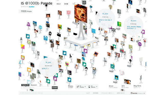 エンターティメント部門 大賞｜「IS Parade」（Web） 林 智彦・千房 けん輔・小山 智彦<br />Twitterアカウントで楽しめるジェネレーター。TwitterのIDを登録するとフォロワーがキャラクターになってパレードする。auスマートフォンのプロモーションとして2010年4月30日に公開され、11月15日までに1350万回のパレードをおこなった。Twitter共同創業者のビズ・ストーンなど、国内外の著名人にもツイートされ、世界中で大行進はつづく。　©KDDI株式会社