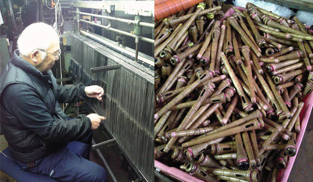 <strong>連載｜信國太志</strong>　左／この写真、なにをしているところなのかわかりますか？　答えは、ひとつの素材を織りはじめる前に縦糸を機械にセットする姿。右／これはクダといわれるもので、横糸を巻くものです。