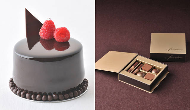 <strong>GRAND HYATT TOKYO｜グランド ハイアット 東京</strong><br />左｜スペシャルチョコレートケーキ「ショック フランボ」　1000円　パリで開催された世界で唯一のチョコレートの世界大会で優勝した世界一のショコラティエ 平井シェフによるスペシャル チョコレートケーキ。チョコレートとラズベリー、ピスタチオの最高のコンビネーションによるまさにスペシャルなケーキ。<br />右｜グランド　セレクション　2300円（3種／各2個入り）　平井シェフによる新作のボンボンショコラ。甘酸っぱいオレンジ風味のガナッシュとサクサクのクレープダンテルにプラリネやホワイトチョコが絡みあう「オレンジアメール」、レモンゼリーをフランボワーズ ガナッシュでサンドした「シトロン フランボワーズ」、トンカ豆とやわらかいキャラメルを使ったガナッシュボンボン「キャラメルトンカ」